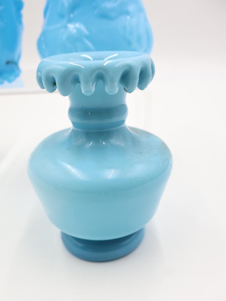 4 Antique Blue Milk Glass Vases and Spooners - 6