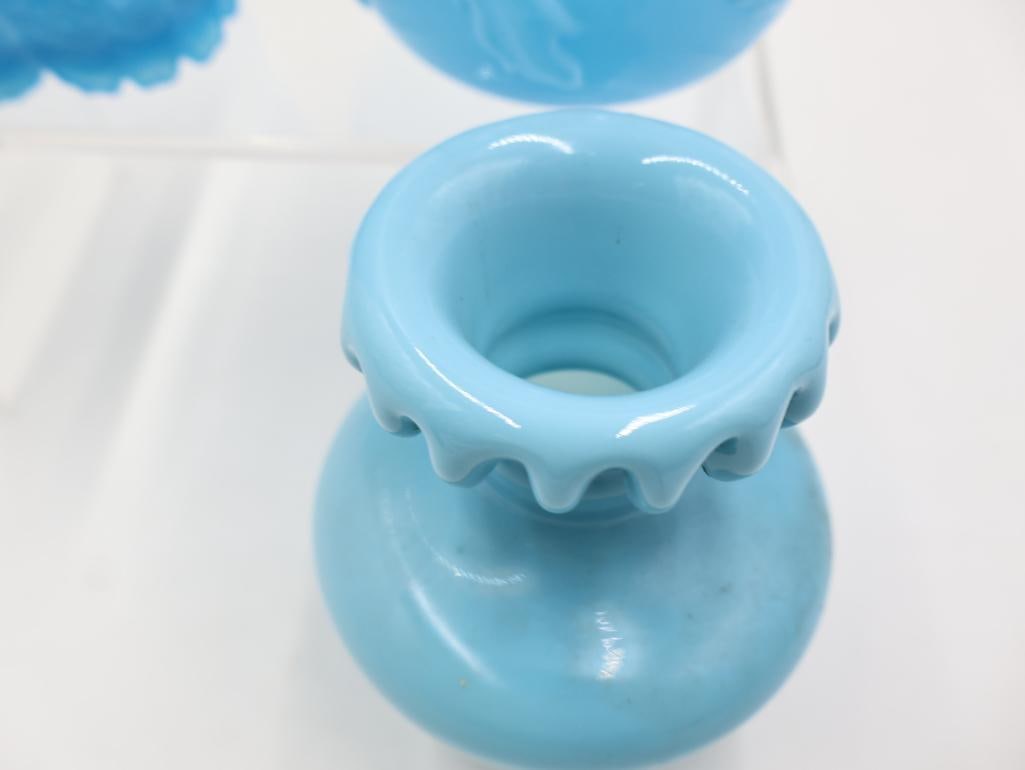 4 Antique Blue Milk Glass Vases and Spooners - 7