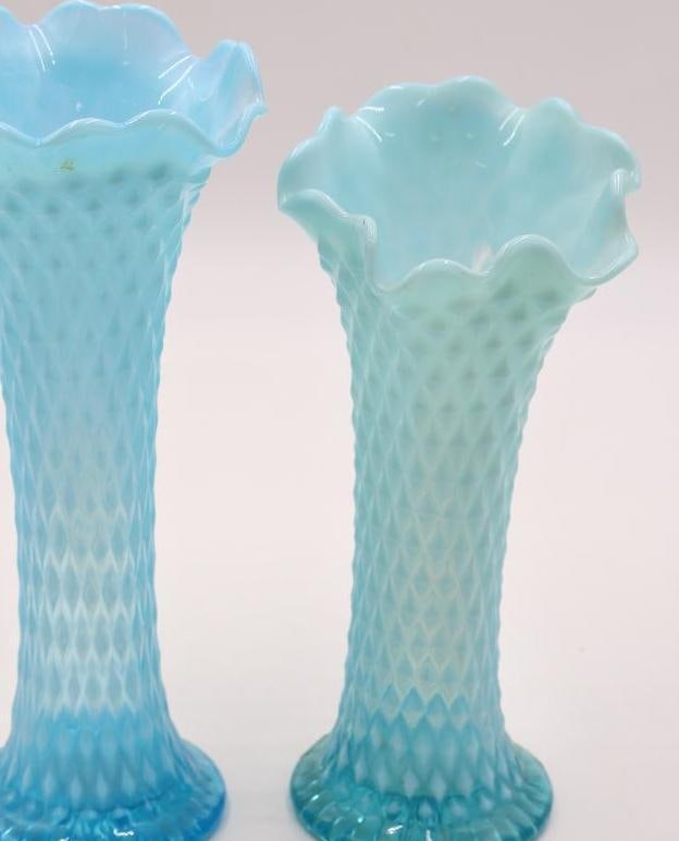 Pair Vintage Blue Opalescent Diamond Pattern Vases - 2