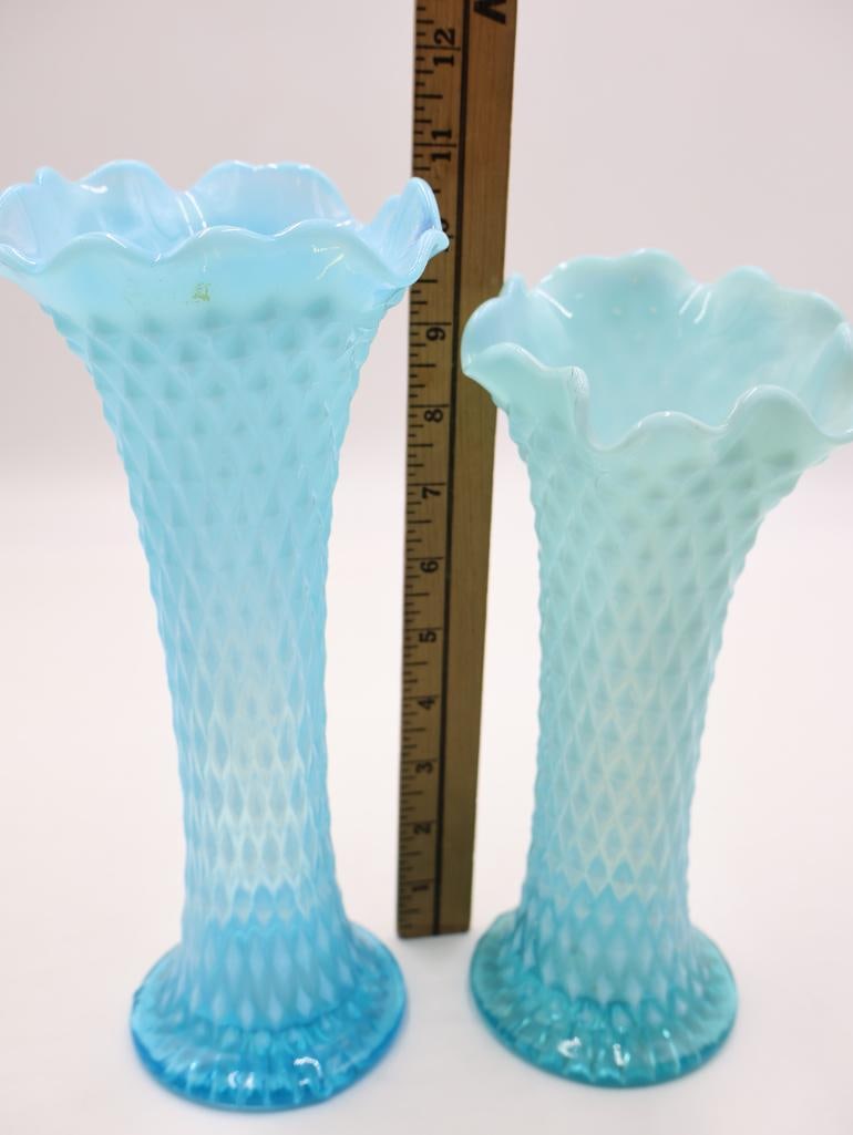 Pair Vintage Blue Opalescent Diamond Pattern Vases - 3