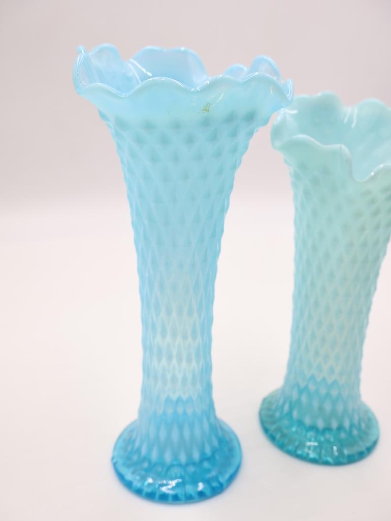 Pair Vintage Blue Opalescent Diamond Pattern Vases - 4