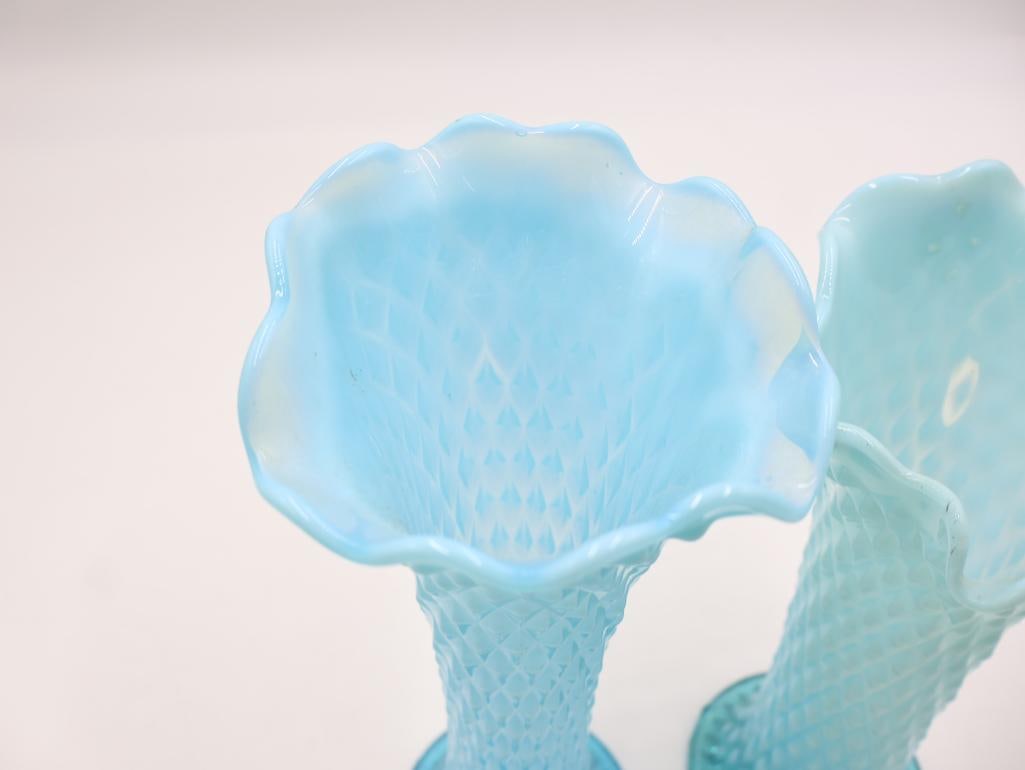 Pair Vintage Blue Opalescent Diamond Pattern Vases - 5