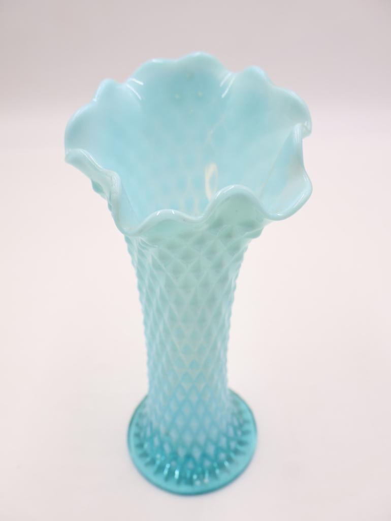 Pair Vintage Blue Opalescent Diamond Pattern Vases - 7