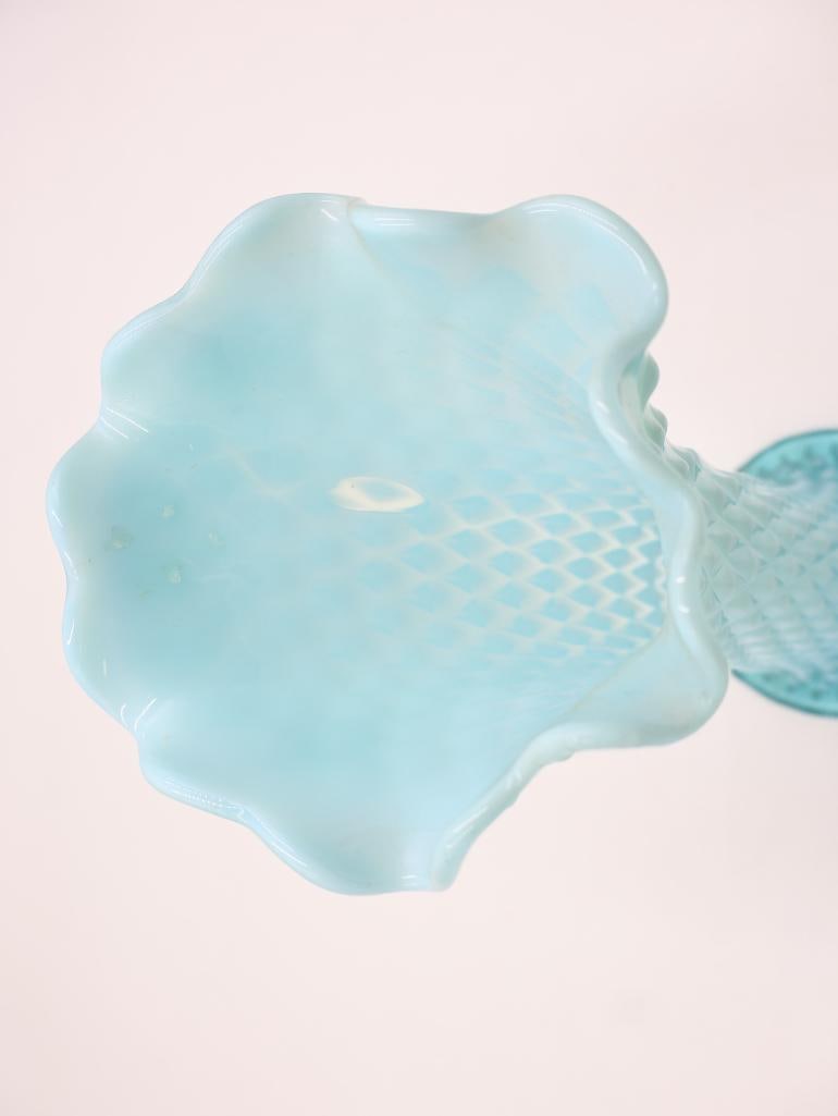 Pair Vintage Blue Opalescent Diamond Pattern Vases - 8