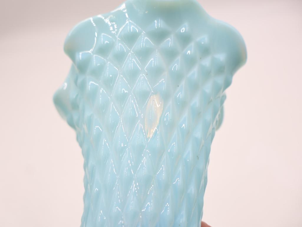 Pair Vintage Blue Opalescent Diamond Pattern Vases - 9