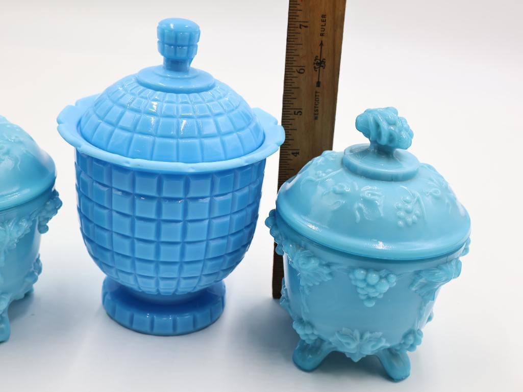 3 Vintage Blue Milk Glass Covered Grape Compotes - 2