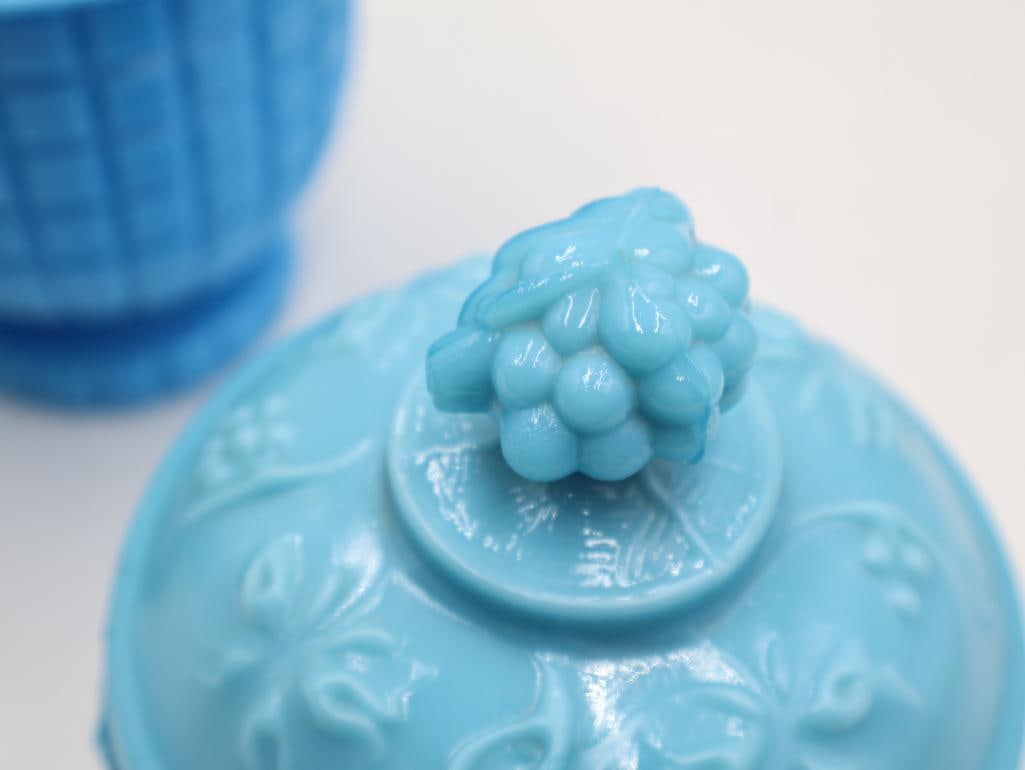 3 Vintage Blue Milk Glass Covered Grape Compotes - 4