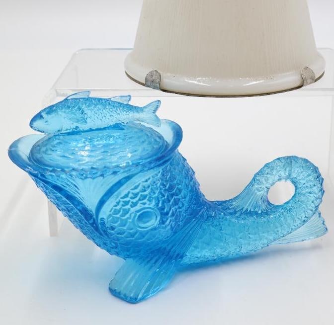 Vintage Milk Glass Birdhouse and Blue Glass Figural Fish - 2
