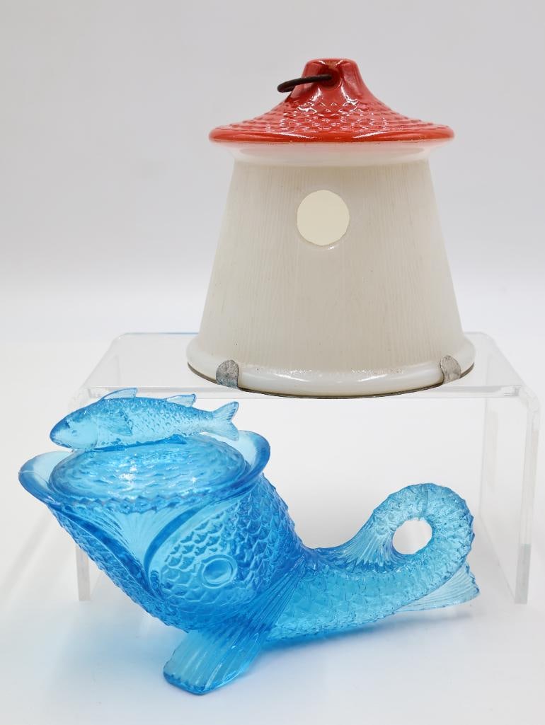 Vintage Milk Glass Birdhouse and Blue Glass Figural Fish - 3