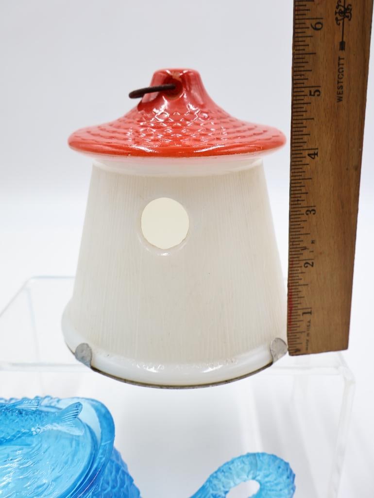 Vintage Milk Glass Birdhouse and Blue Glass Figural Fish - 4