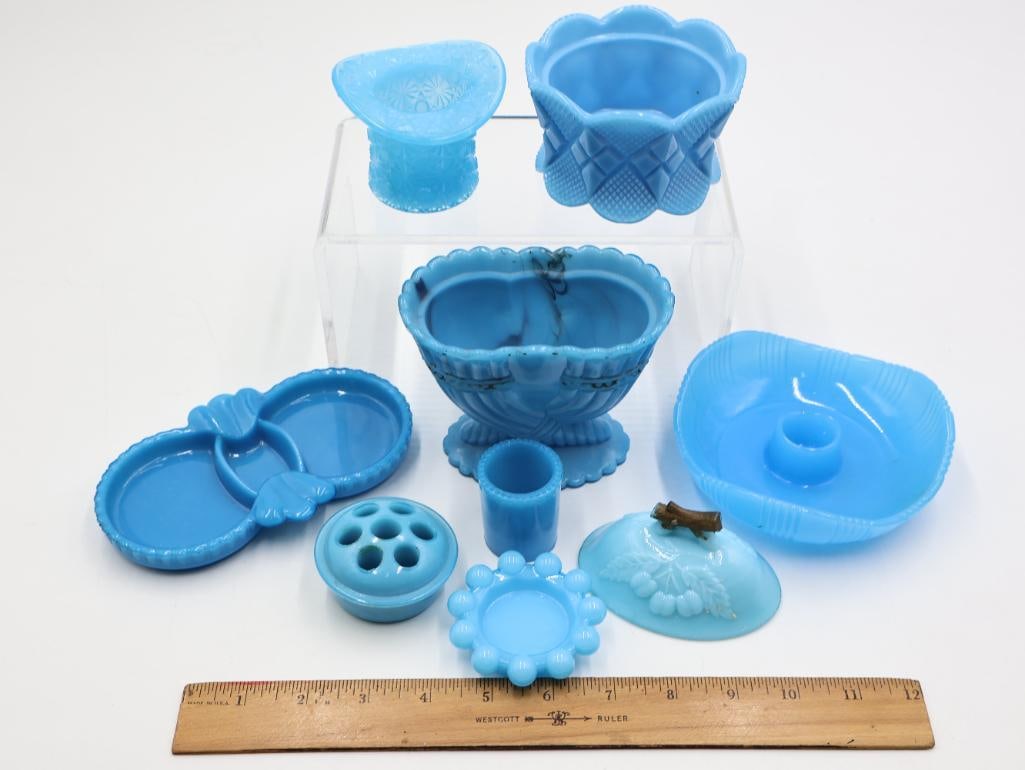Antique Blue Milk Glass Vanity and Tableware Lot - 2