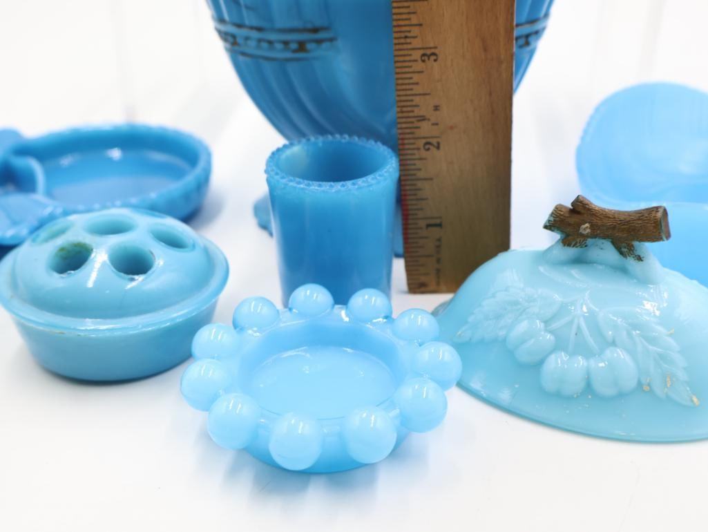 Antique Blue Milk Glass Vanity and Tableware Lot - 3
