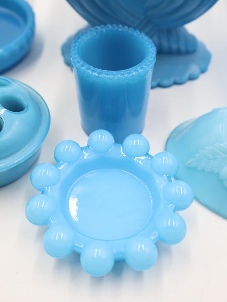 Antique Blue Milk Glass Vanity and Tableware Lot - 5