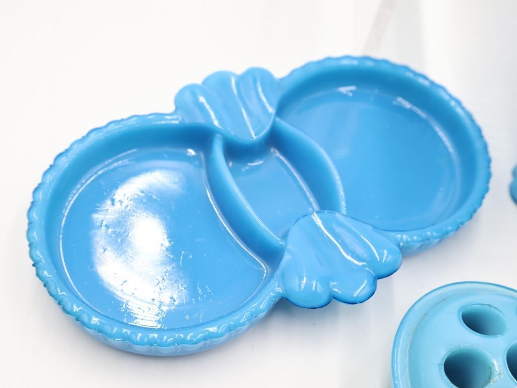 Antique Blue Milk Glass Vanity and Tableware Lot - 8