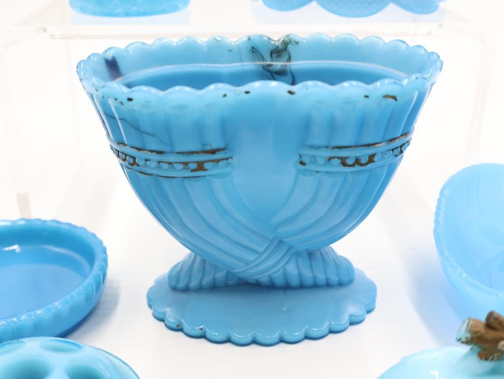 Antique Blue Milk Glass Vanity and Tableware Lot - 9
