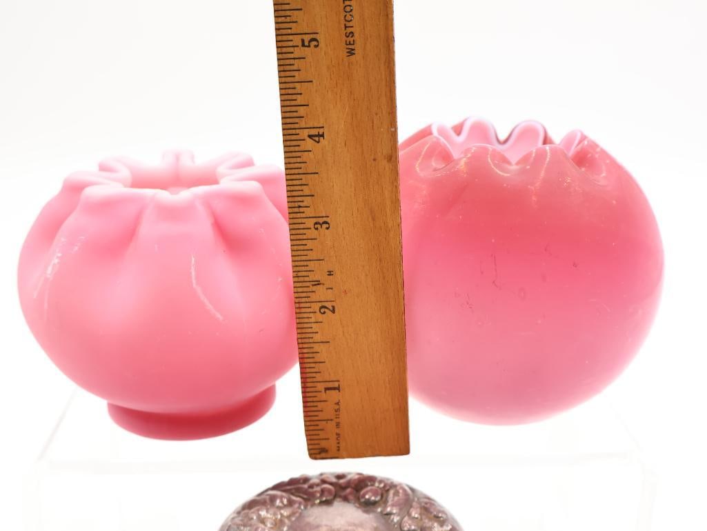 6 Pc Vintage Pink Satin Glass Rose Bowls and Vanity Jars - 2