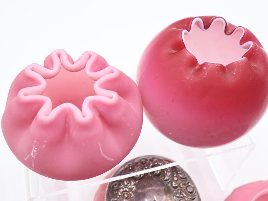6 Pc Vintage Pink Satin Glass Rose Bowls and Vanity Jars - 4