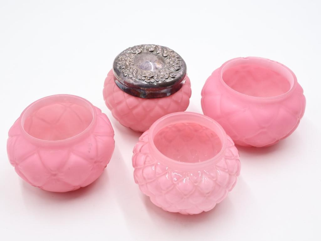 6 Pc Vintage Pink Satin Glass Rose Bowls and Vanity Jars - 8