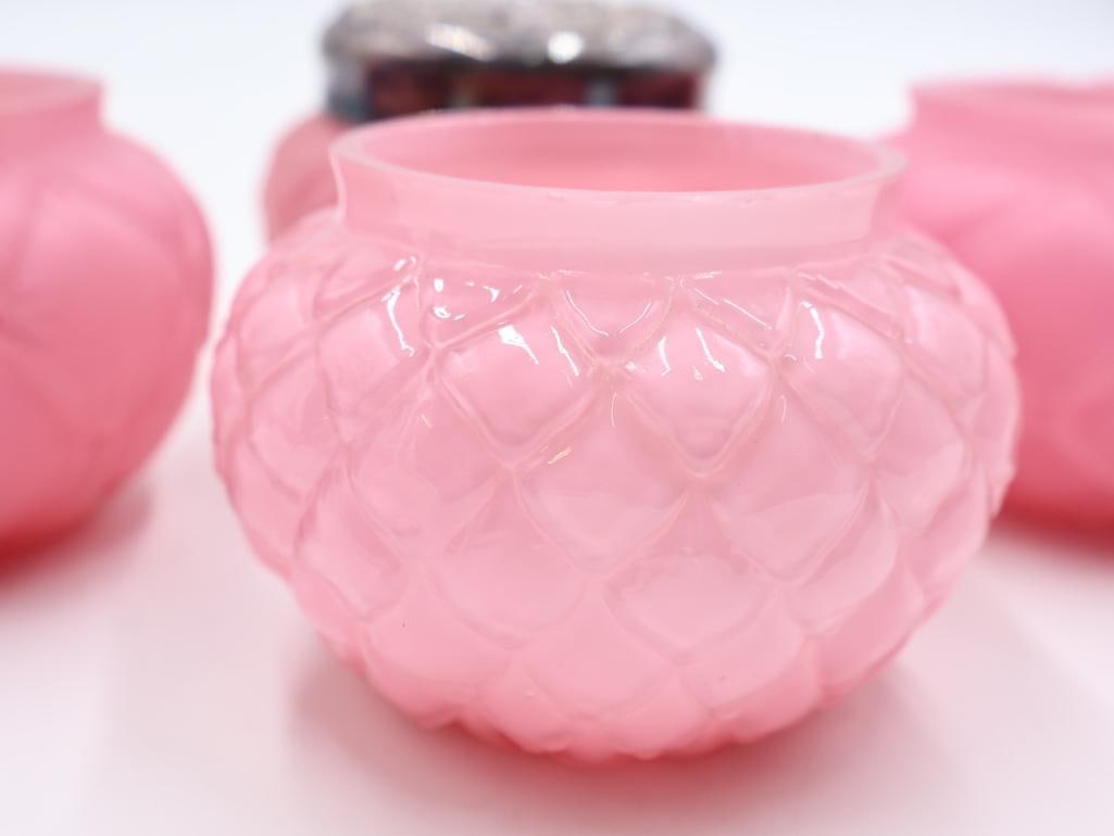 6 Pc Vintage Pink Satin Glass Rose Bowls and Vanity Jars - 9