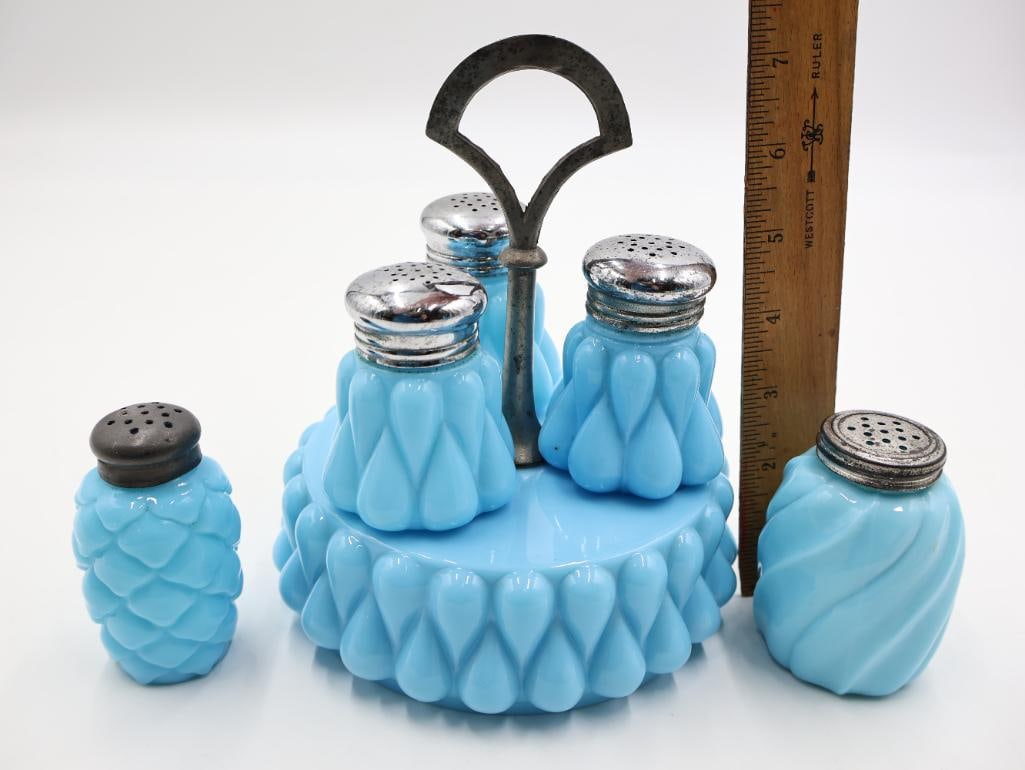 Vintage Blue Milk Glass Condiment Set and Shakers - 2