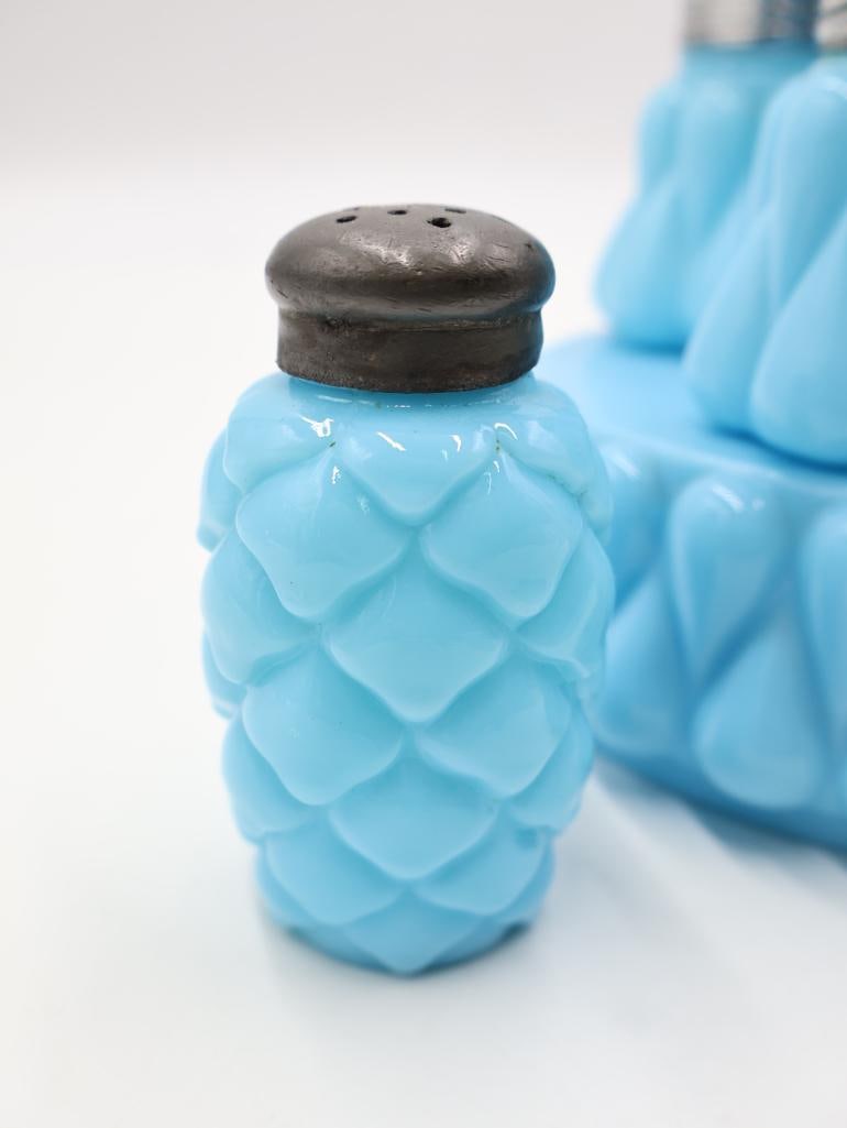 Vintage Blue Milk Glass Condiment Set and Shakers - 3