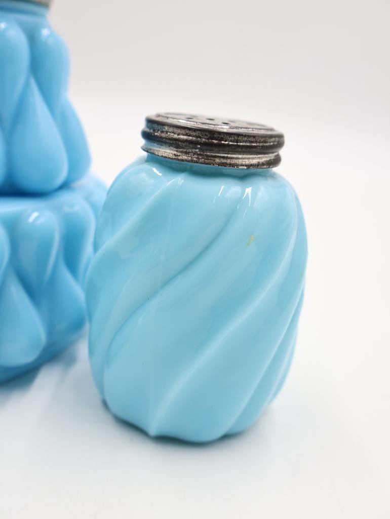 Vintage Blue Milk Glass Condiment Set and Shakers - 5