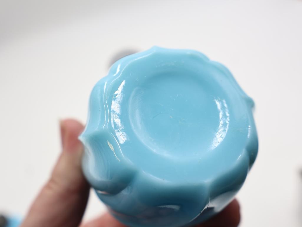 Vintage Blue Milk Glass Condiment Set and Shakers - 6