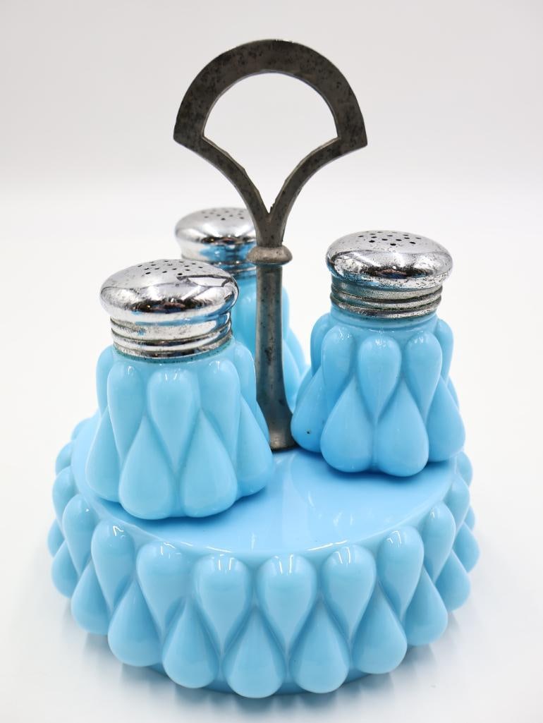 Vintage Blue Milk Glass Condiment Set and Shakers - 7