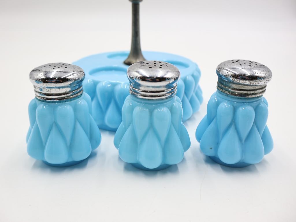 Vintage Blue Milk Glass Condiment Set and Shakers - 8