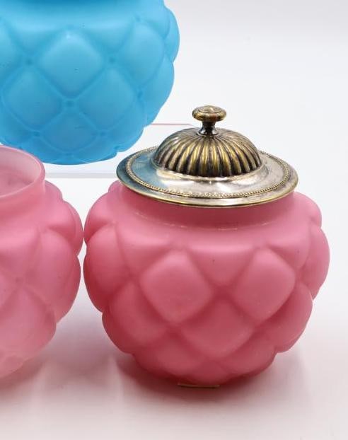 3 Vintage Satin Glass Artichoke Covered Jars Pink and Blue - 2