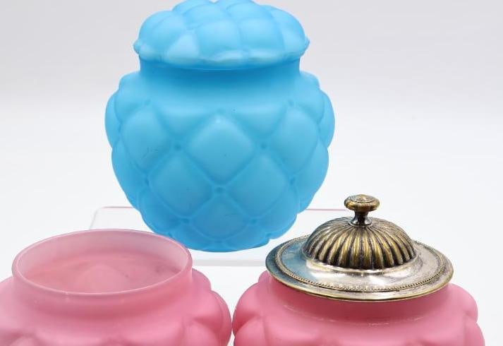 3 Vintage Satin Glass Artichoke Covered Jars Pink and Blue - 3