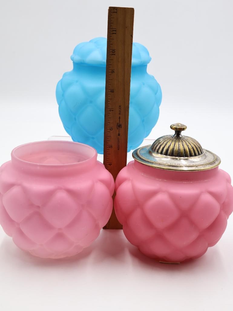 3 Vintage Satin Glass Artichoke Covered Jars Pink and Blue - 4