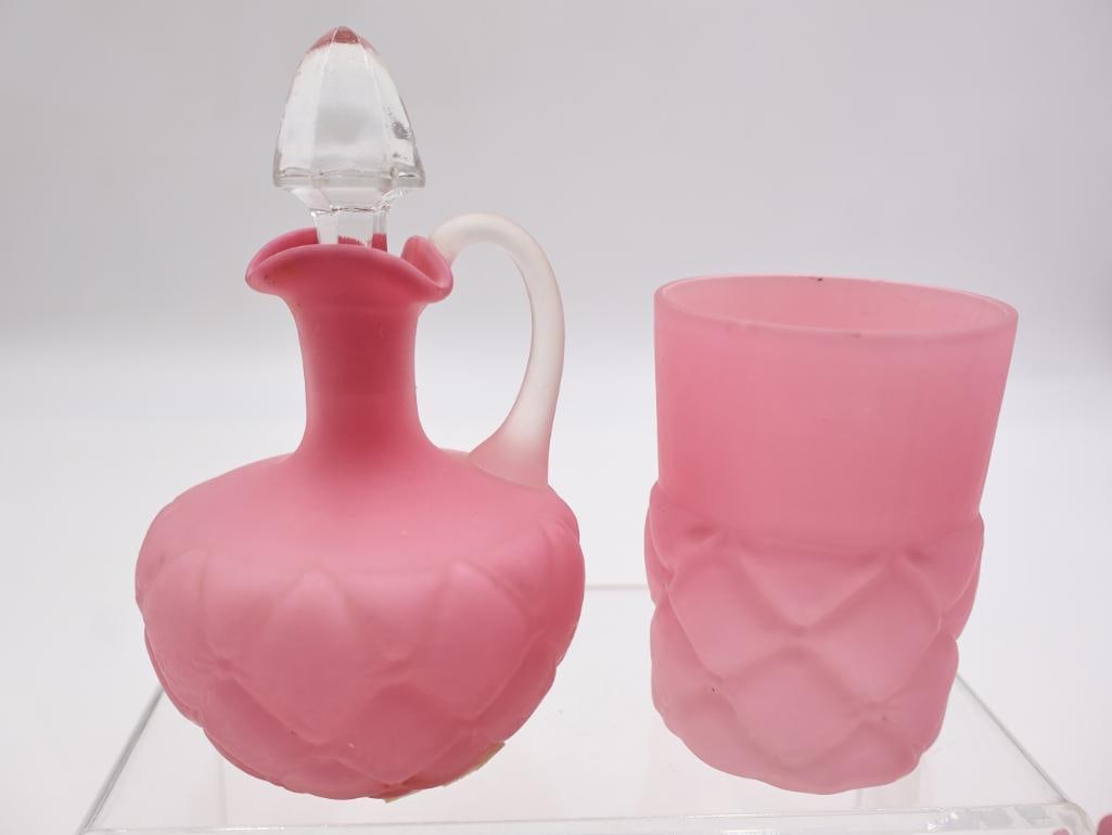 6 Pc Vintage Pink Satin Glass Vases and Cruets - 13