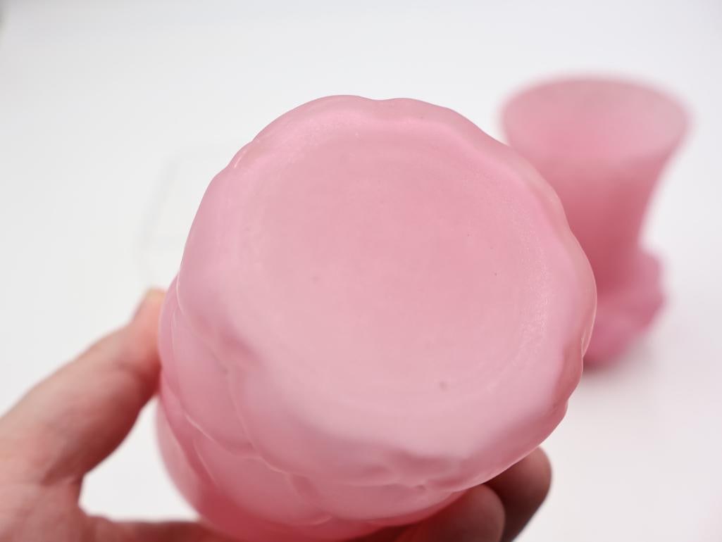 6 Pc Vintage Pink Satin Glass Vases and Cruets - 17