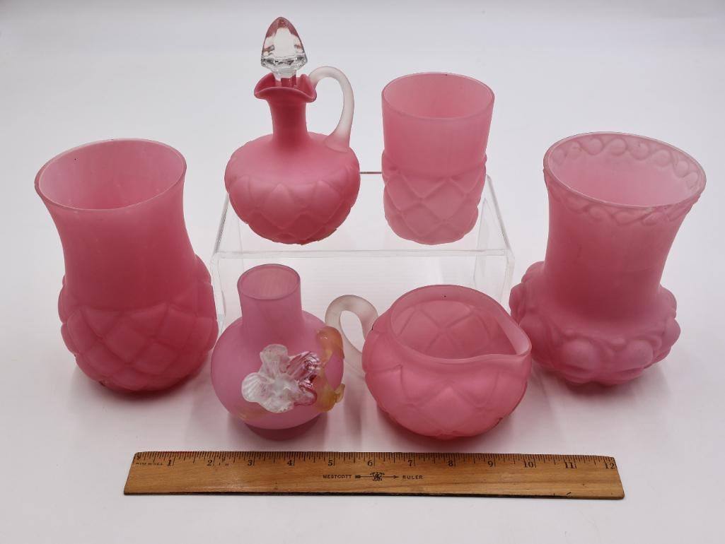 6 Pc Vintage Pink Satin Glass Vases and Cruets - 2