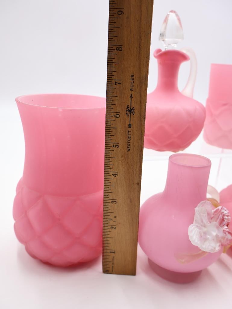 6 Pc Vintage Pink Satin Glass Vases and Cruets - 3