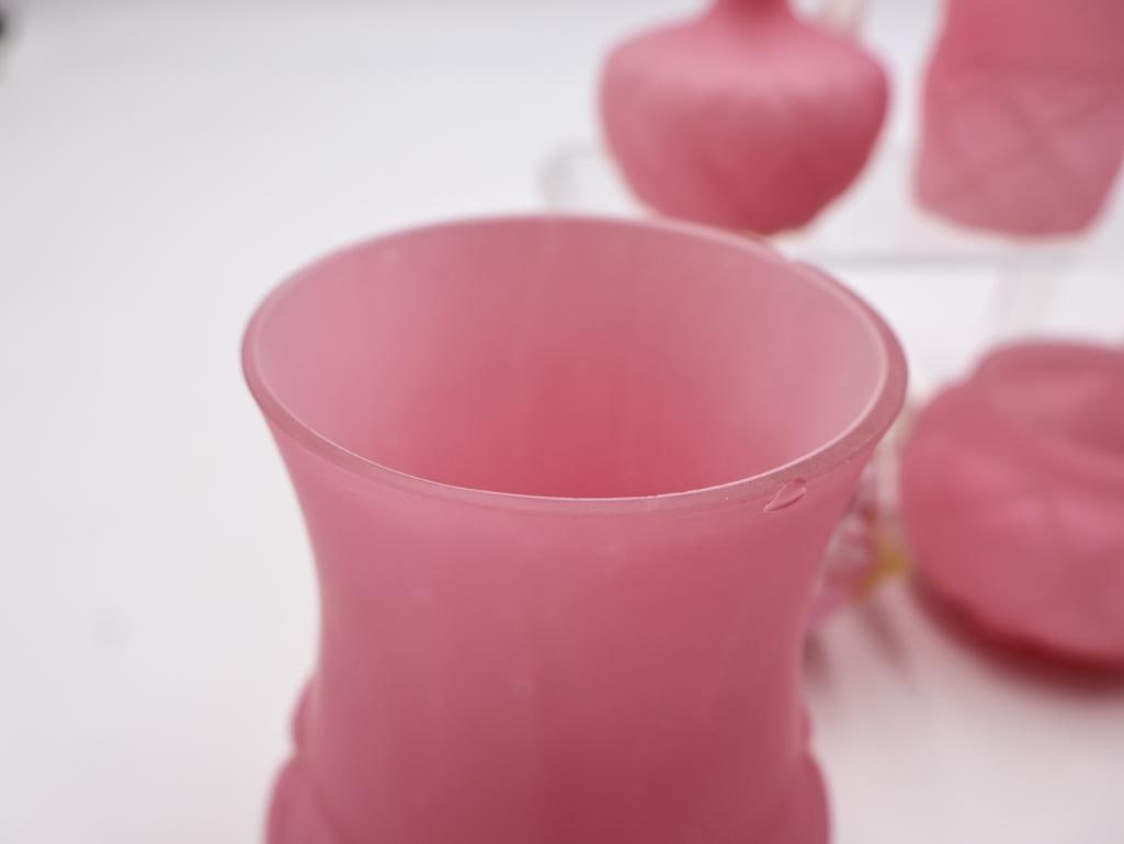 6 Pc Vintage Pink Satin Glass Vases and Cruets - 4