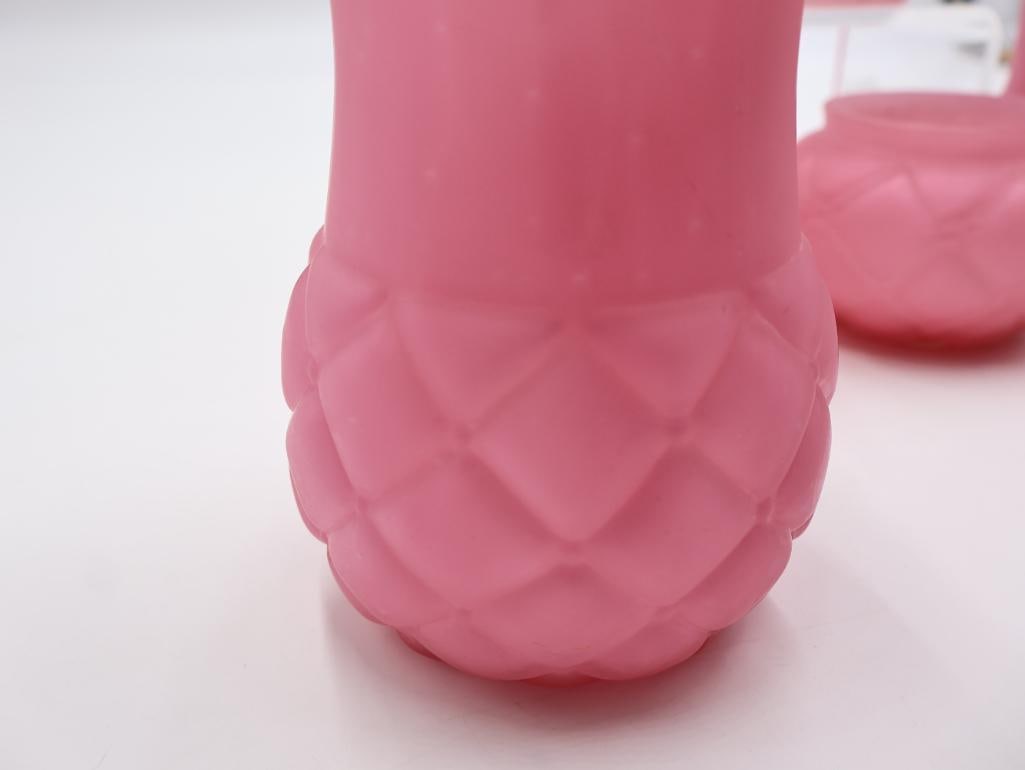 6 Pc Vintage Pink Satin Glass Vases and Cruets - 5