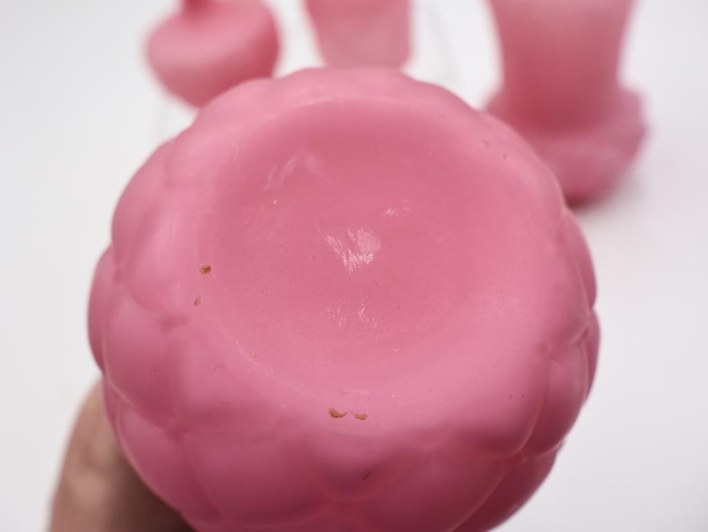 6 Pc Vintage Pink Satin Glass Vases and Cruets - 6