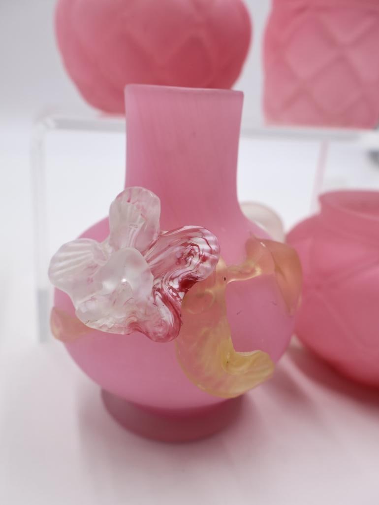 6 Pc Vintage Pink Satin Glass Vases and Cruets - 7