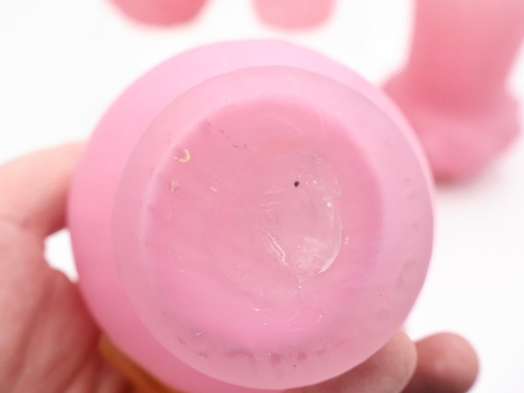 6 Pc Vintage Pink Satin Glass Vases and Cruets - 9