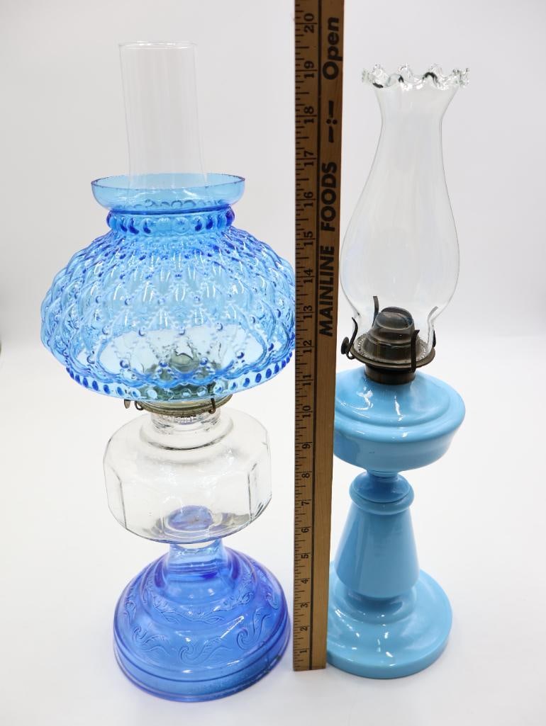 2 Vintage Blue Glass Oil Lamps with Chimneys - 2