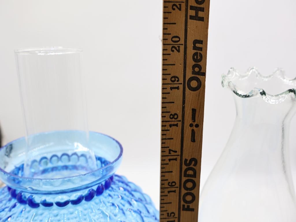 2 Vintage Blue Glass Oil Lamps with Chimneys - 3