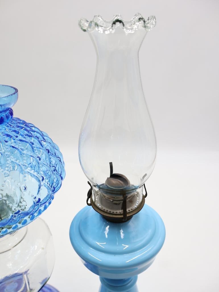 2 Vintage Blue Glass Oil Lamps with Chimneys - 4