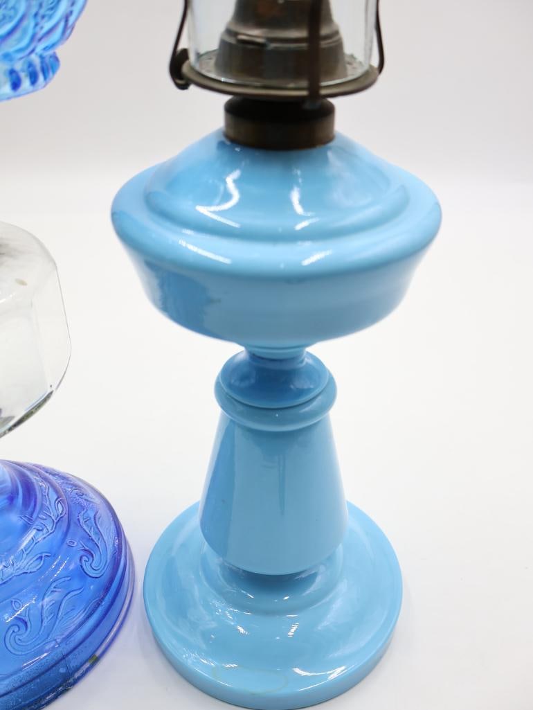 2 Vintage Blue Glass Oil Lamps with Chimneys - 5