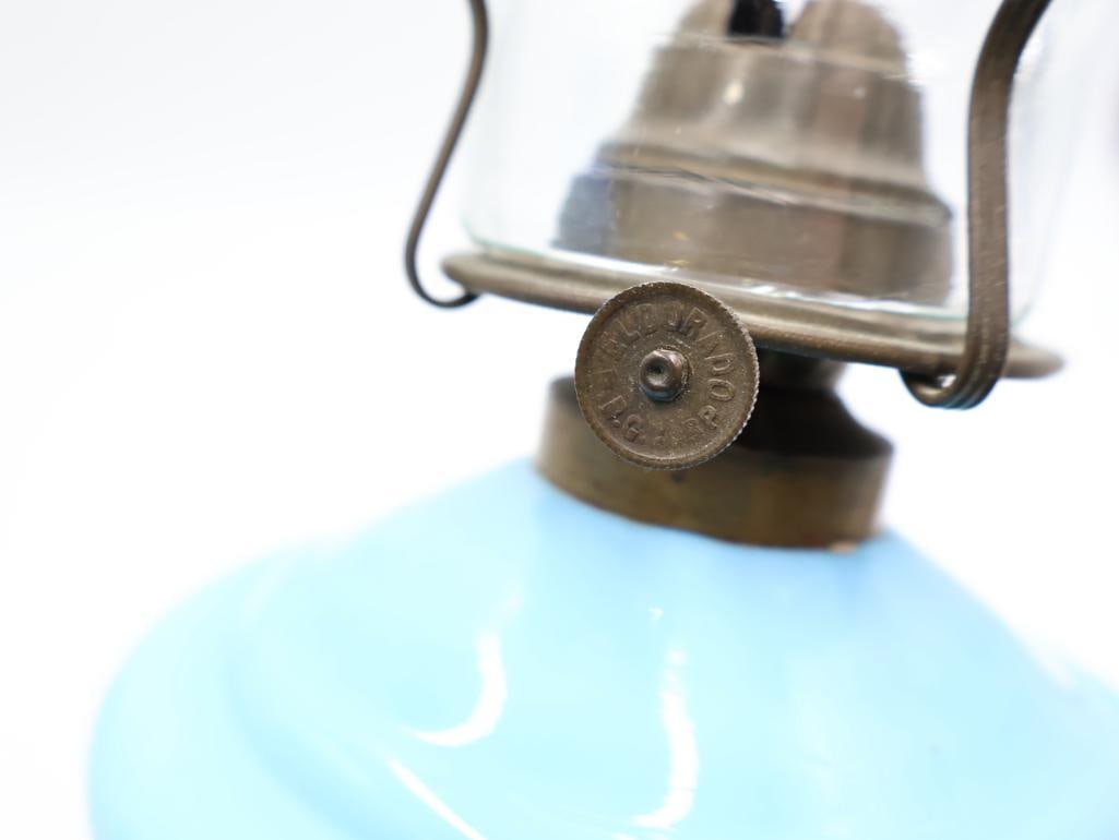 2 Vintage Blue Glass Oil Lamps with Chimneys - 6