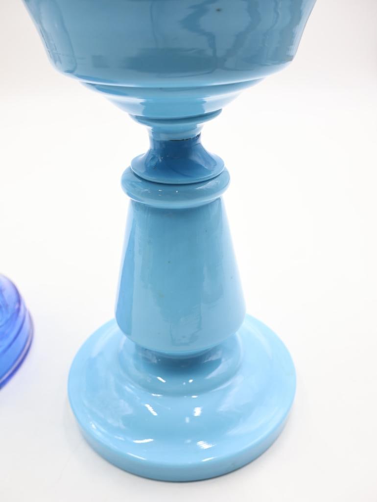 2 Vintage Blue Glass Oil Lamps with Chimneys - 7