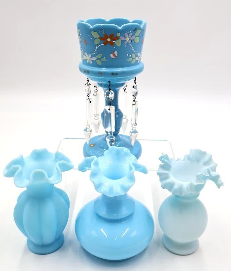 3 Antique Blue Art Glass Vases and Victorian-Era Mantle Lustre: Collection of four antique/vintage blue art glass pieces featuring a striking mantle lustre with hand-painted floral decoration and hanging clear glass prisms, accompanied by three ruffled-rim vases