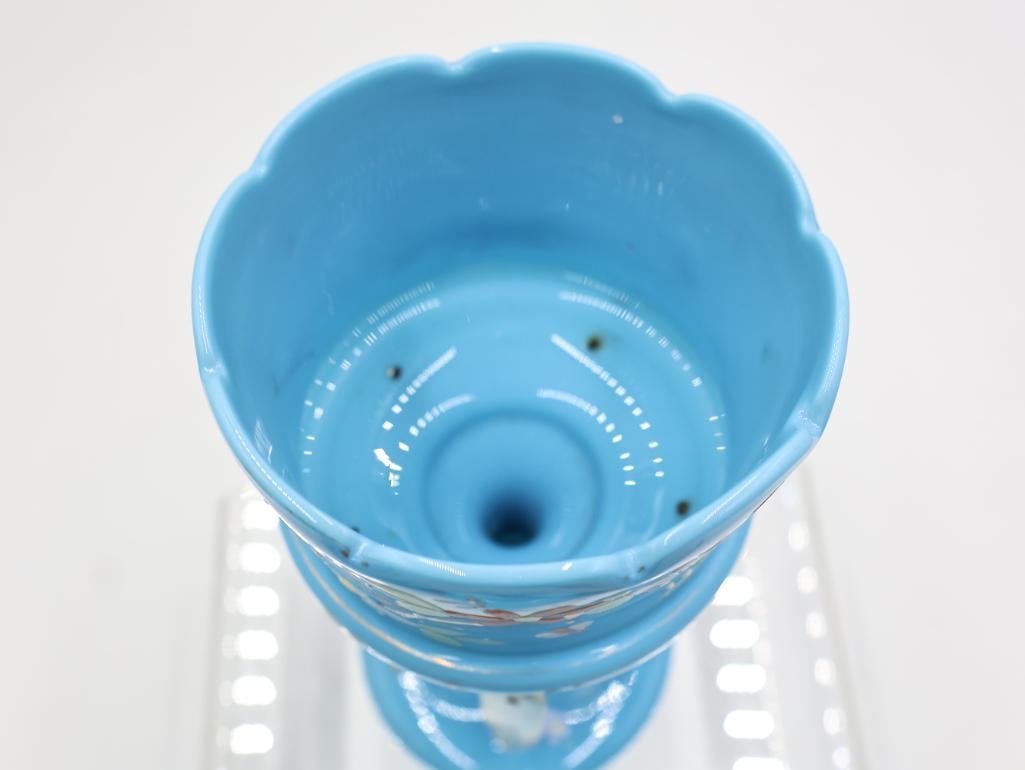 3 Antique Blue Art Glass Vases and Victorian-Era Mantle Lustre - 3