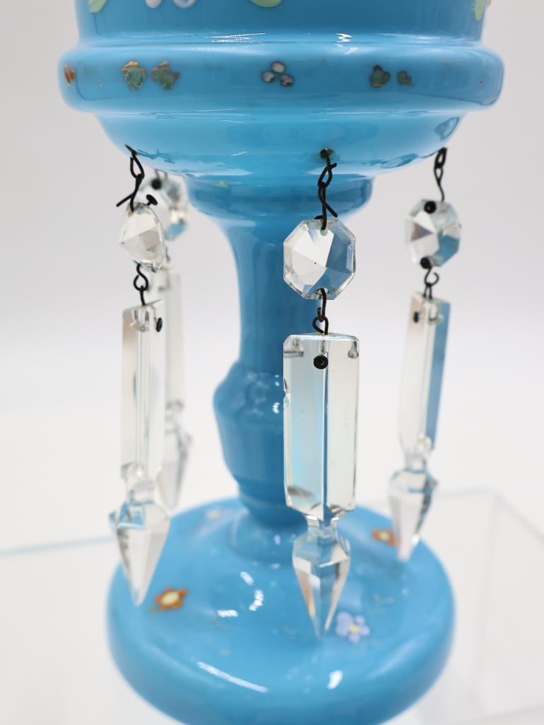 3 Antique Blue Art Glass Vases and Victorian-Era Mantle Lustre - 5